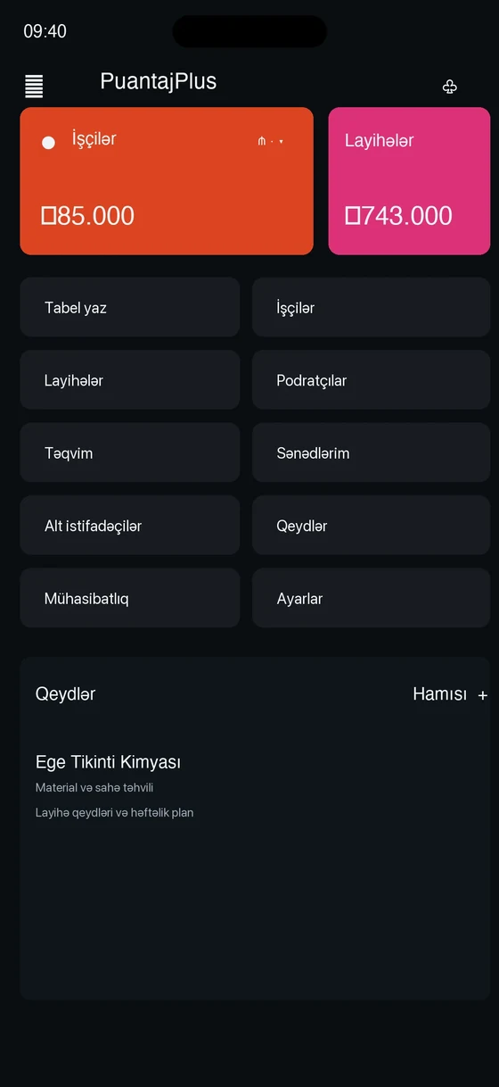 PuantajPlus mobil tətbiqinin əsas ekranı