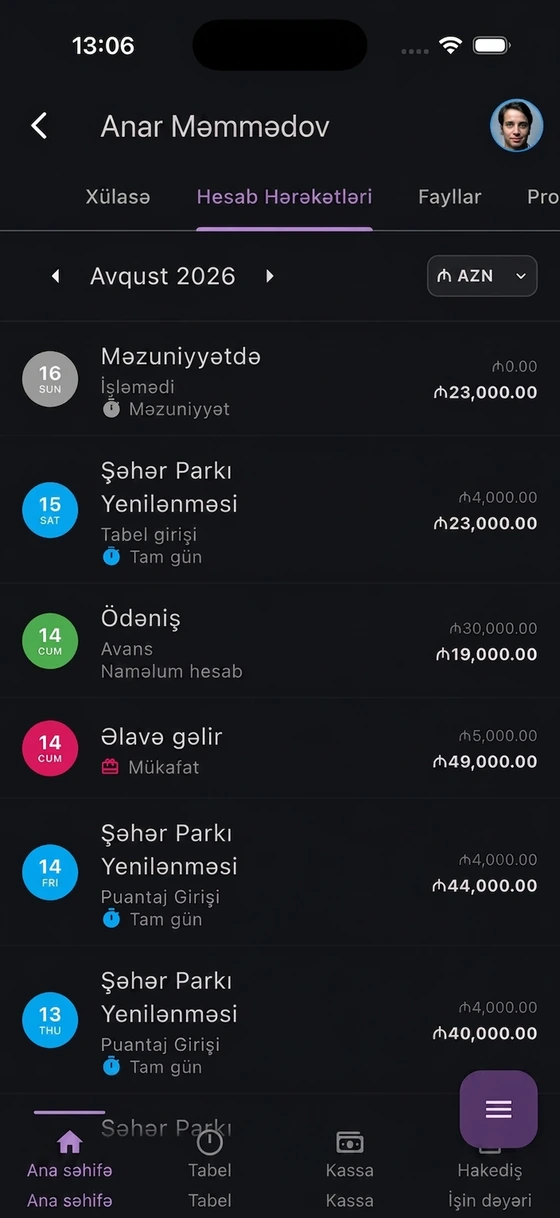 PuantajPlus mobil tətbiqi — Mühasibatlıq hesabı