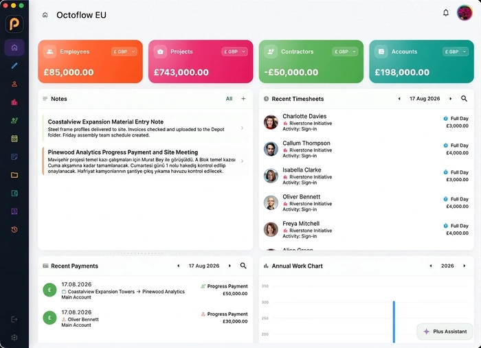 Employee, project, and finance summary in the PuantajPlus desktop app