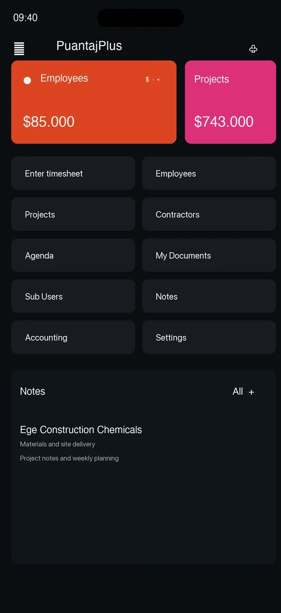 PuantajPlus mobile app home screen