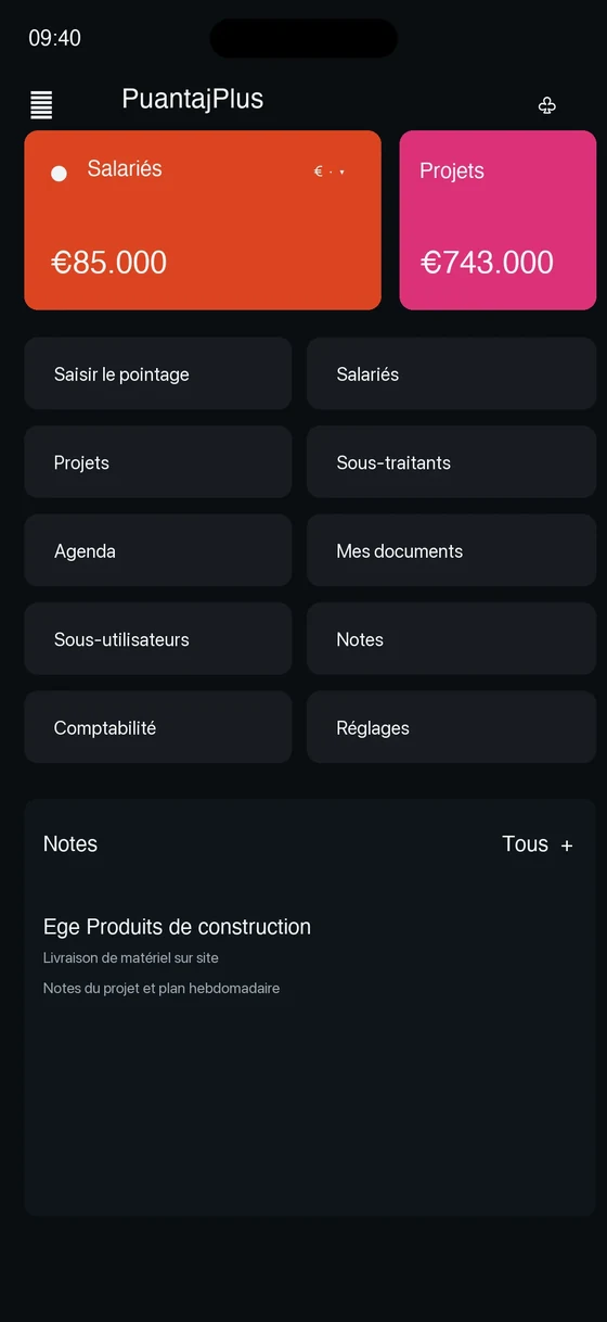 Écran d'accueil de l'application mobile PuantajPlus