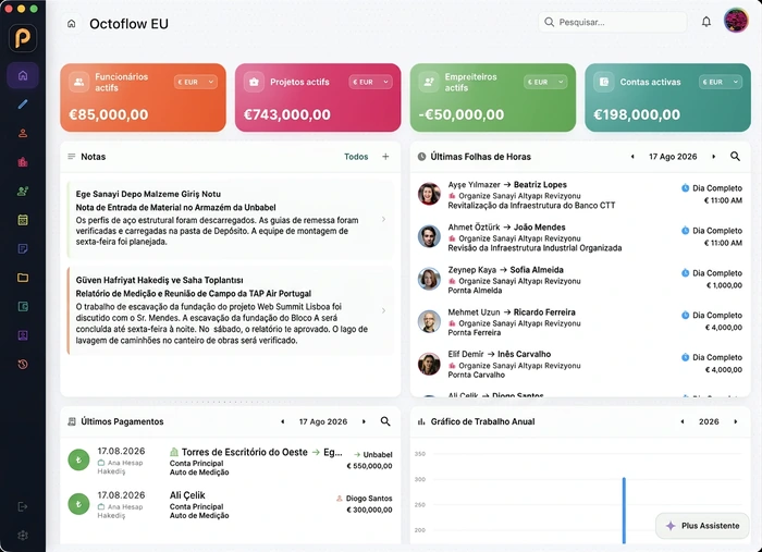 Resumo de pessoal, projeto e financeiro na aplicação de desktop PuantajPlus