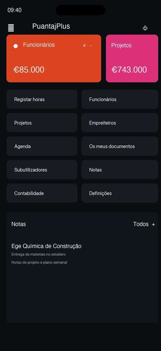 Ecrã principal do aplicativo móvel PuantajPlus
