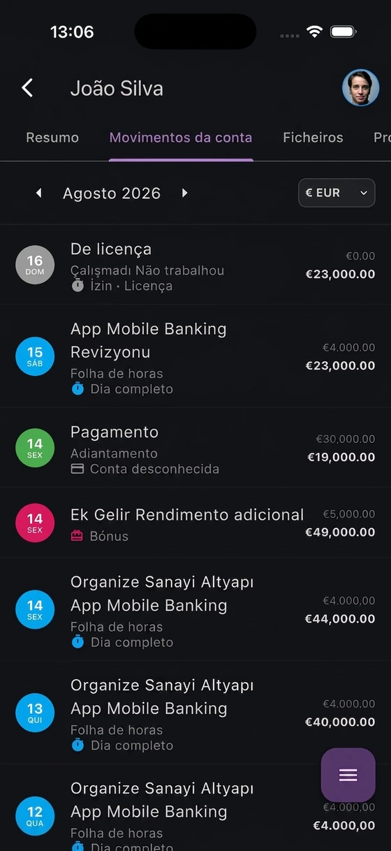 Aplicação móvel PuantajPlus —conta contábil